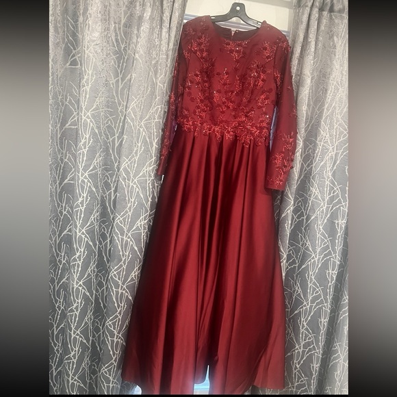 Custom Long Sleeve Satin Ball Gown Burgundy Dress with Matching Scarf - Picture 2 of 3